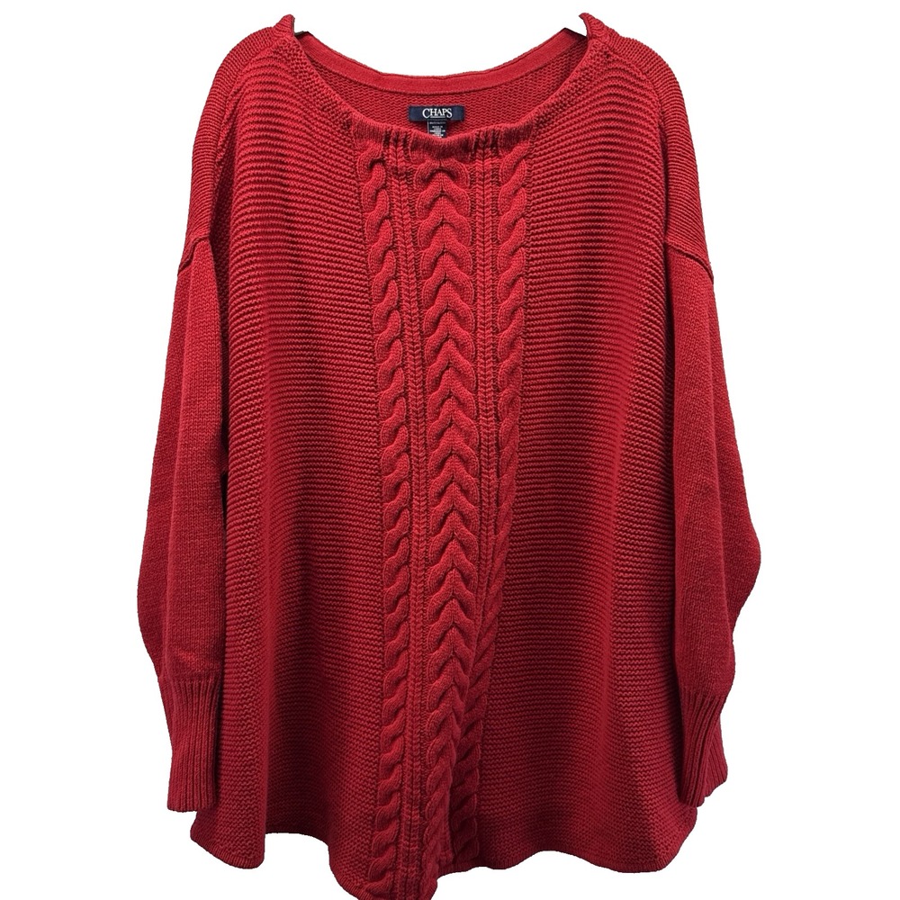 Chaps Women's Knit Sweater Top Size 3X Plus Solid Red Cable Pullover Long Sleeve